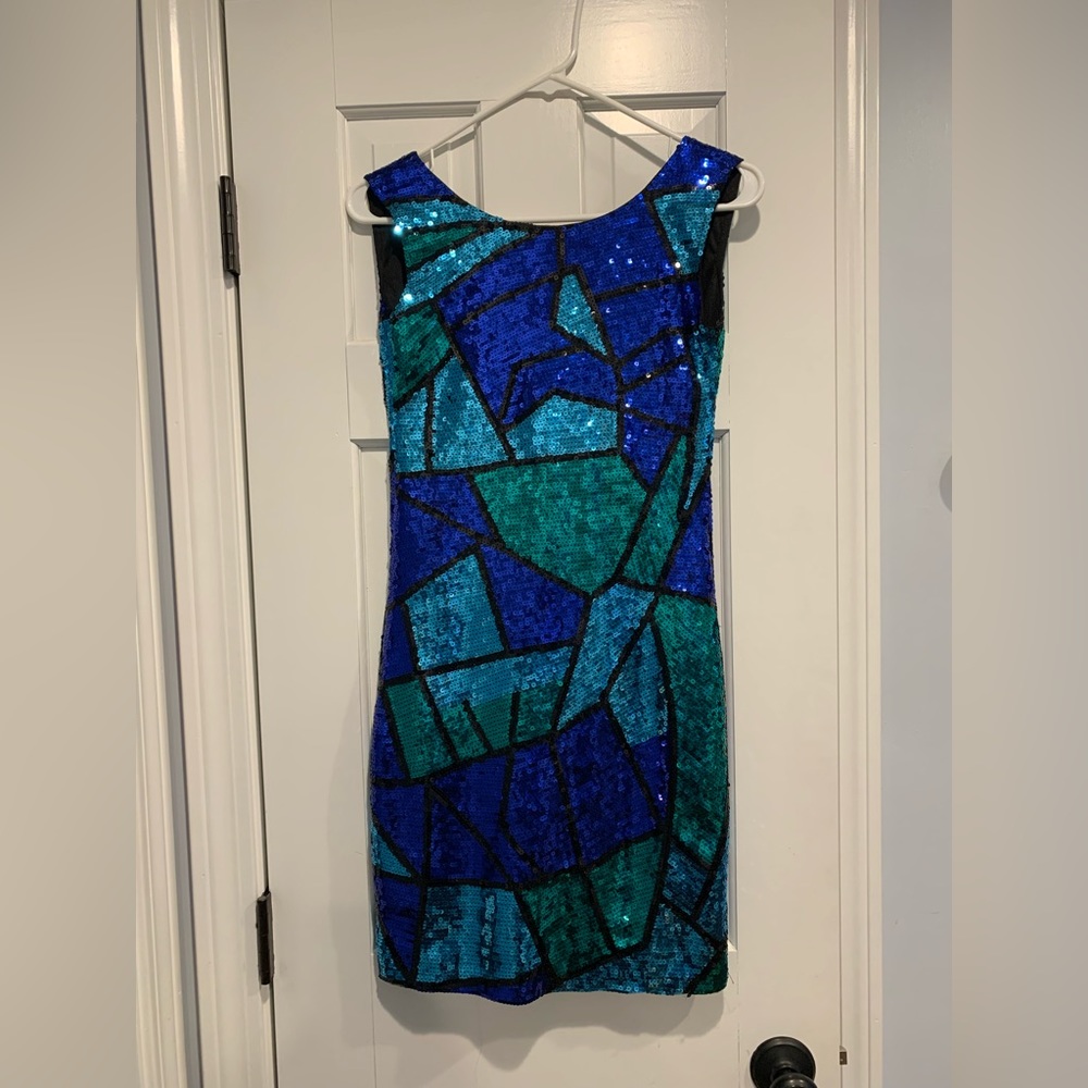 Blue, teal and black sequin dress. Low v back.
